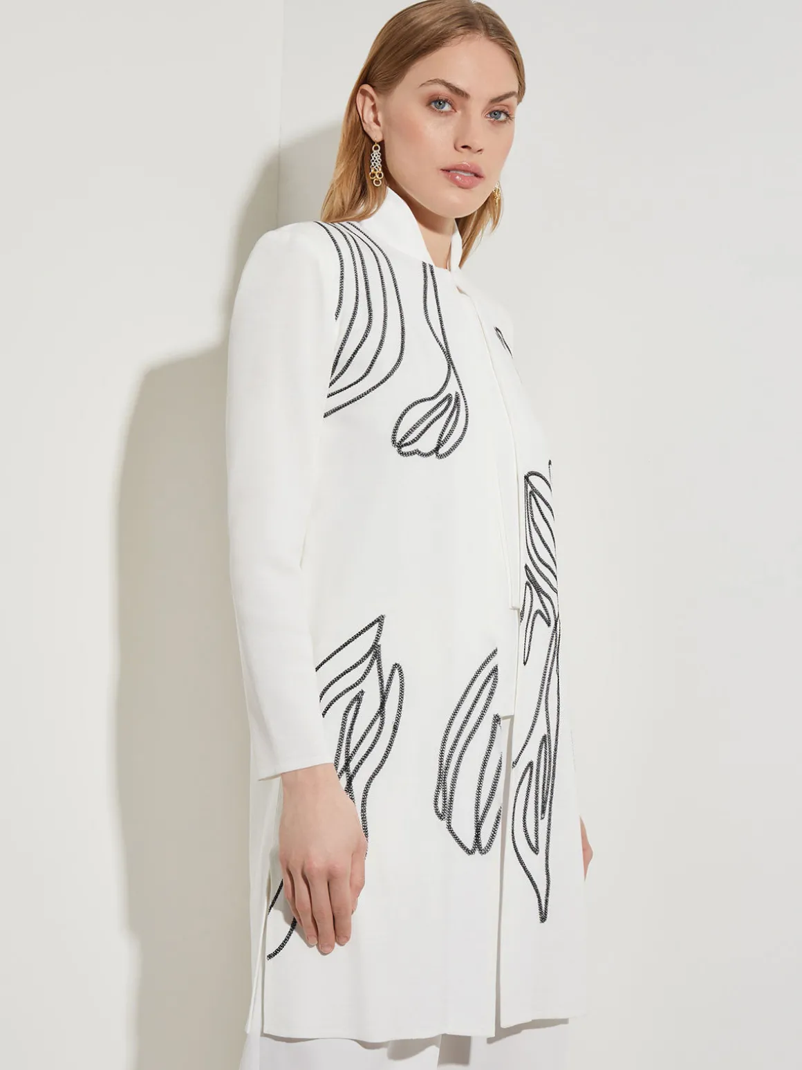 Abstract Embroidery Jewel Neck Jacket