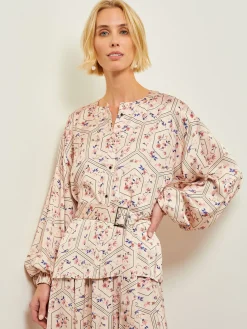 Balloon Sleeve Belted Blouse - Floral Print Crepe de Chine