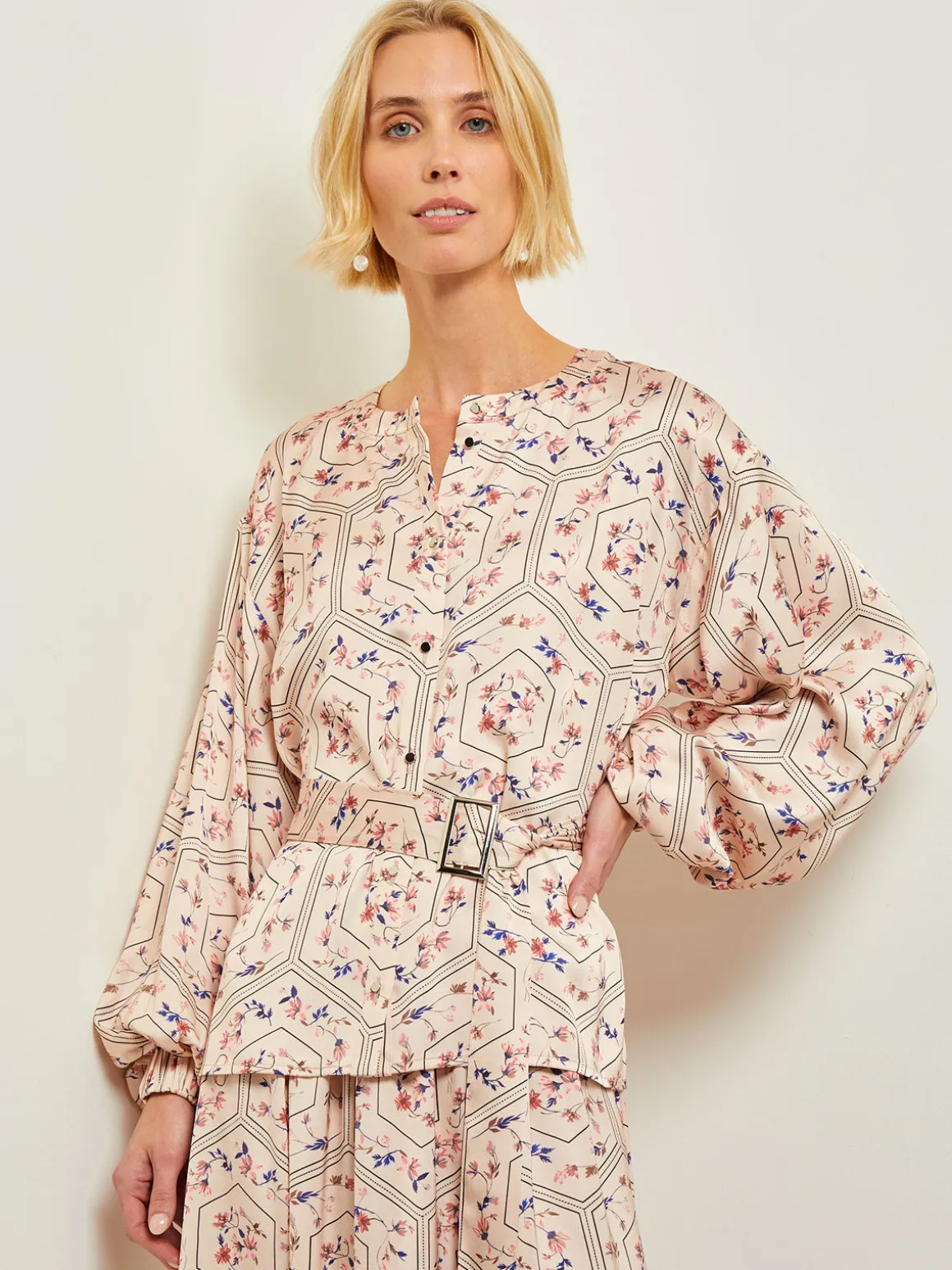 Balloon Sleeve Belted Blouse - Floral Print Crepe de Chine