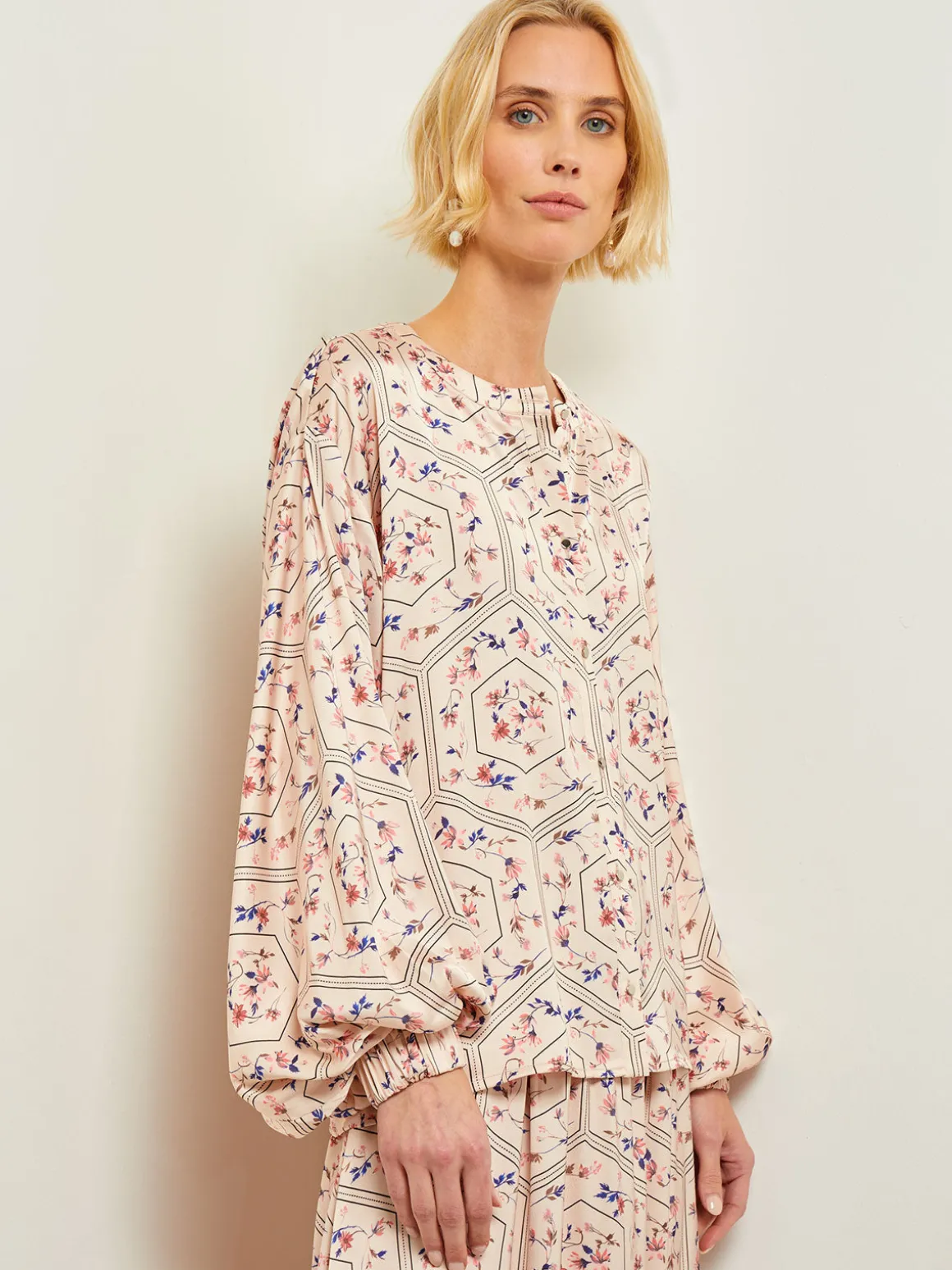 Balloon Sleeve Belted Blouse - Floral Print Crepe de Chine