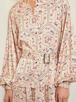 Balloon Sleeve Belted Blouse - Floral Print Crepe de Chine
