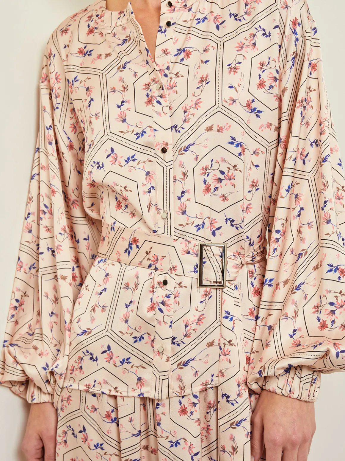 Balloon Sleeve Belted Blouse - Floral Print Crepe de Chine