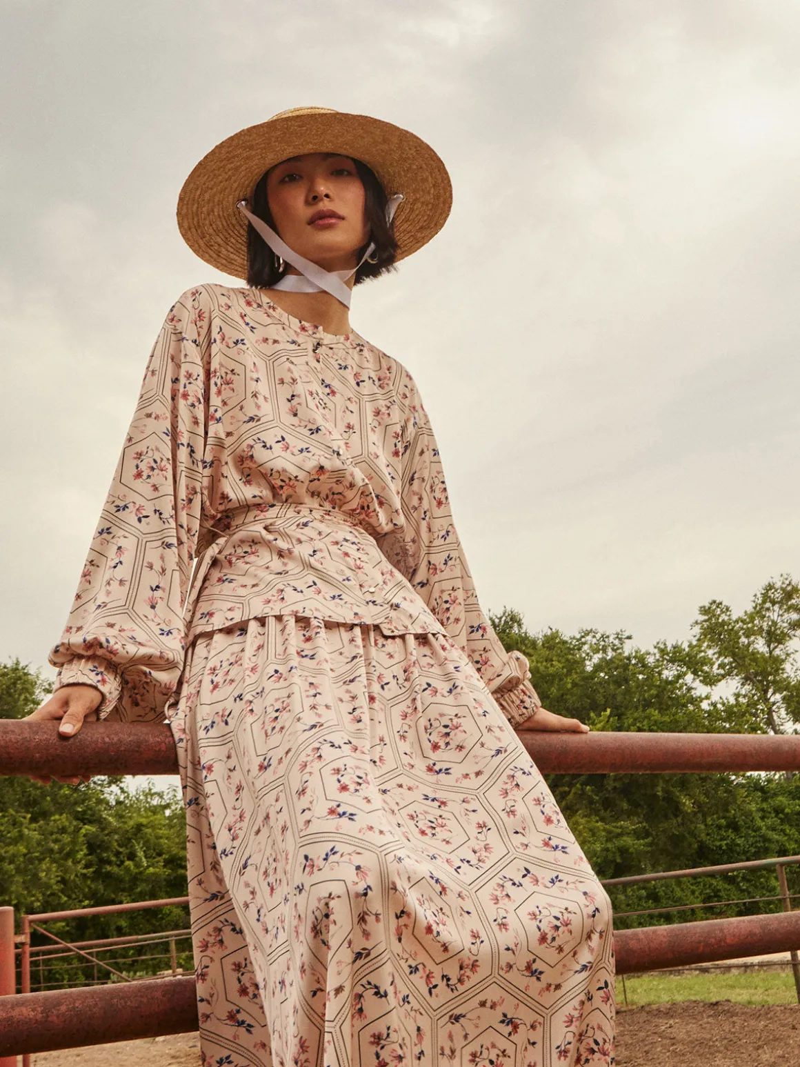 Balloon Sleeve Belted Blouse - Floral Print Crepe de Chine