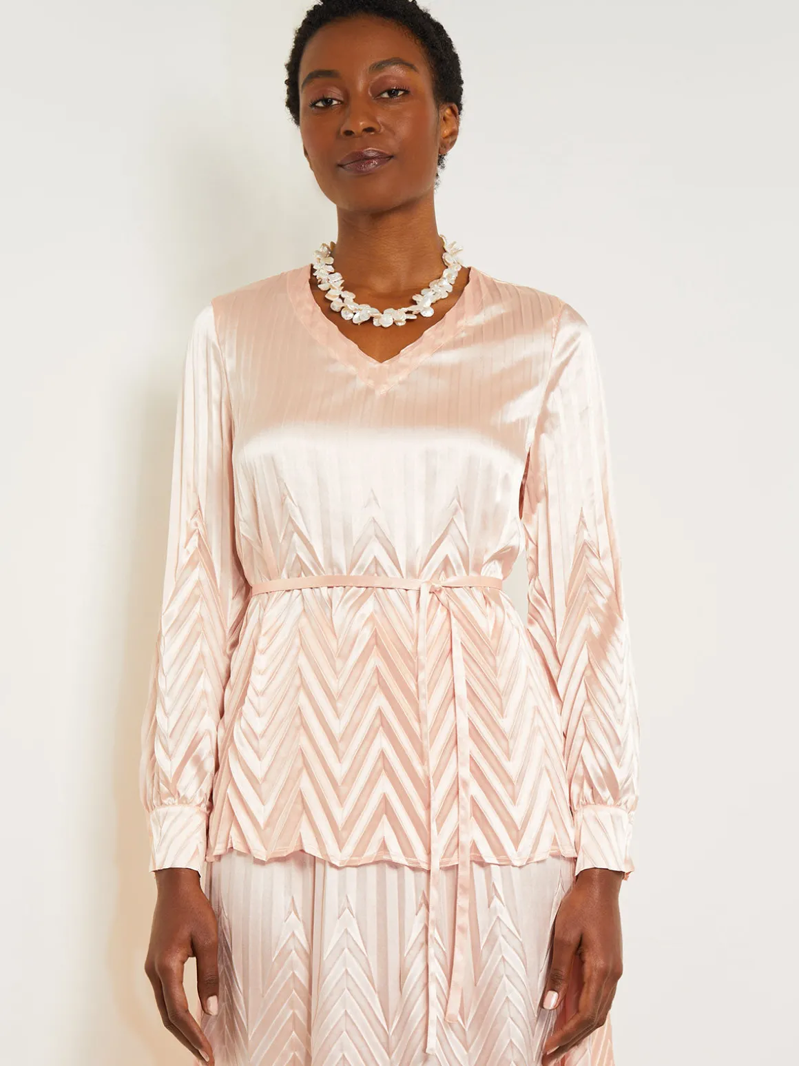 Belted Blouse - Chevron Textured Crepe de Chine