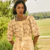 Belted Button Front Blouse - Floral Applique Woven