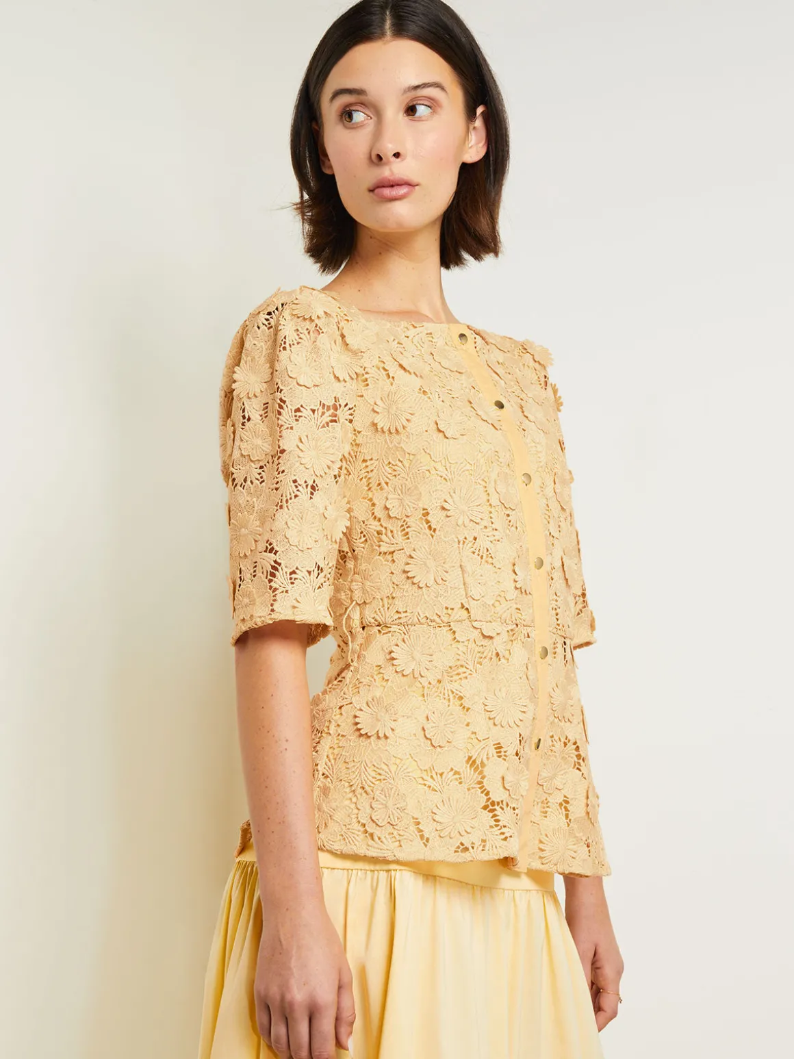 Belted Button Front Blouse - Floral Applique Woven