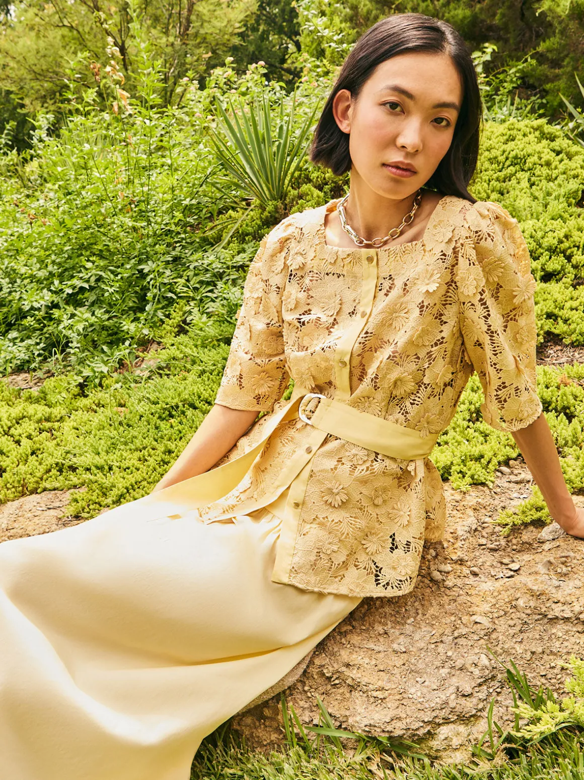 Belted Button Front Blouse - Floral Applique Woven