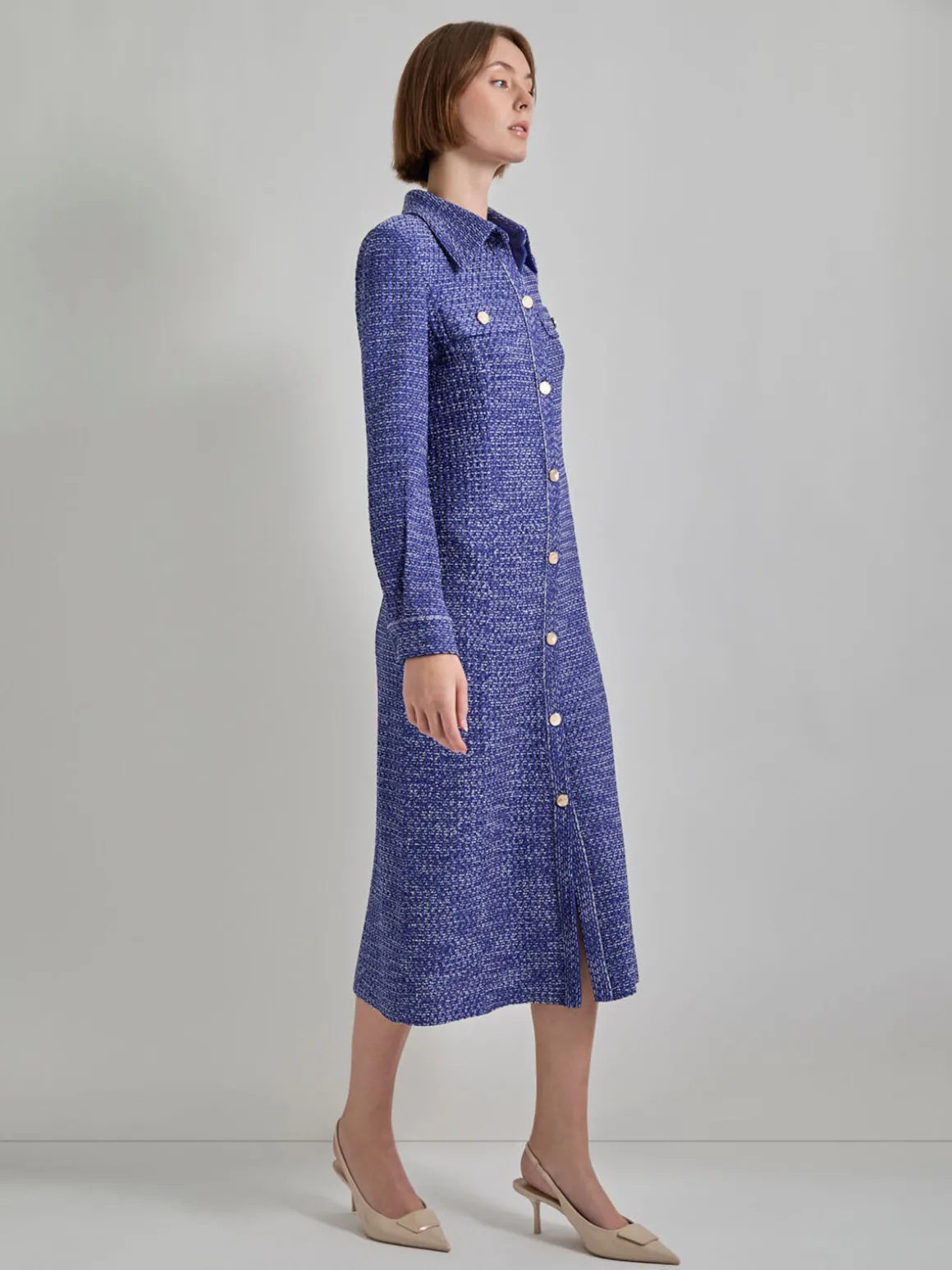 Belted Button Front Tweed Knit Midi Dress