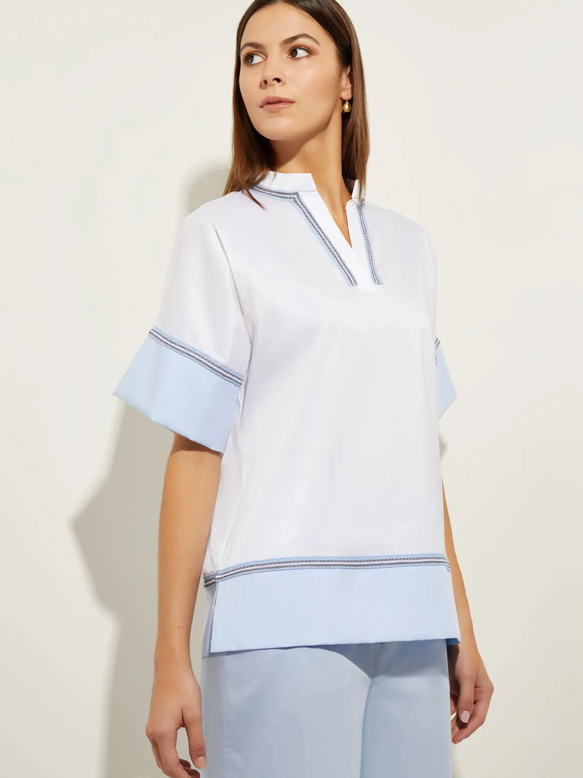 Blouse White Cotton - Split Neck Blouse | Misook