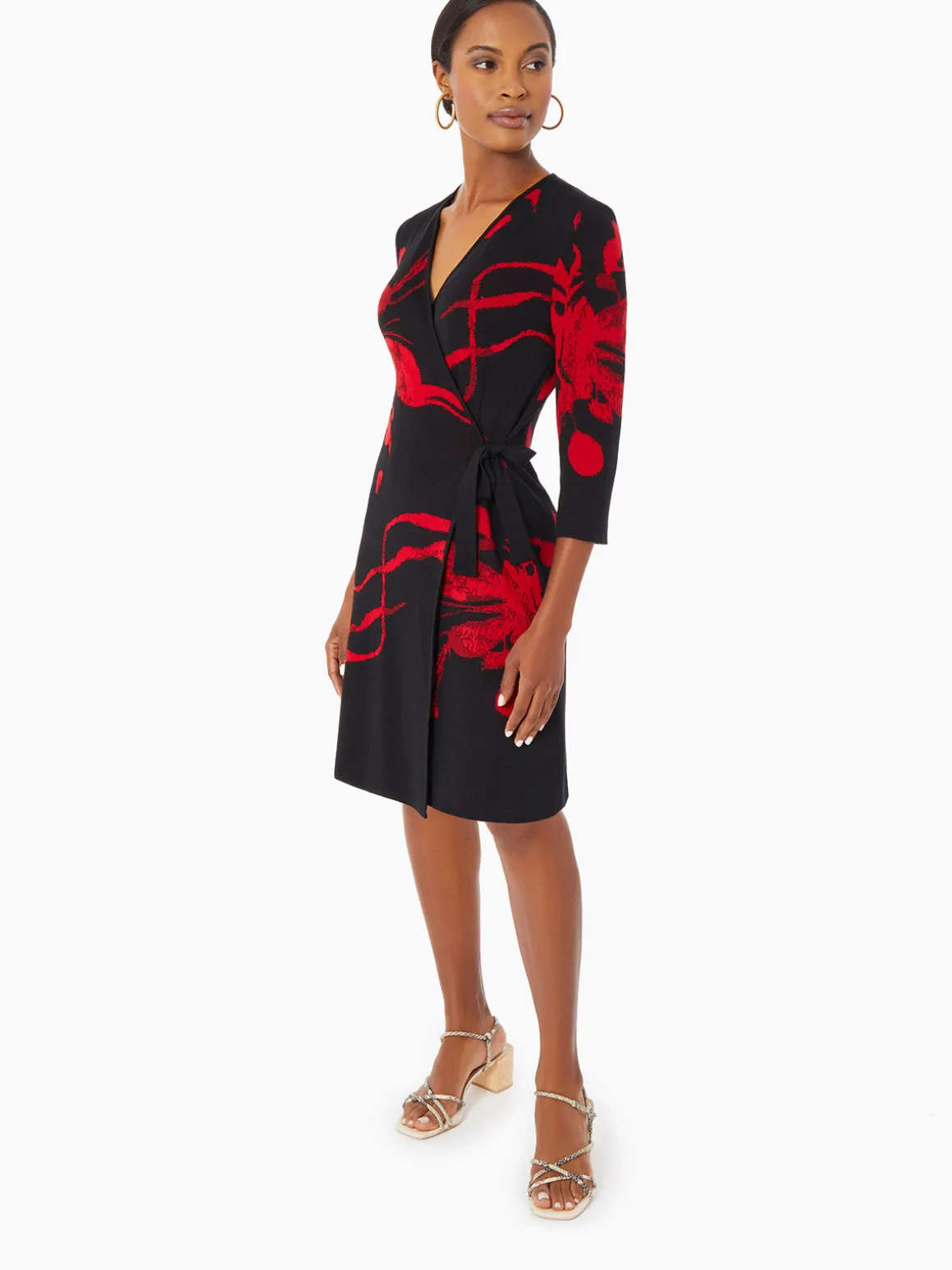 Brushstroke Pattern Knit Faux Wrap Dress