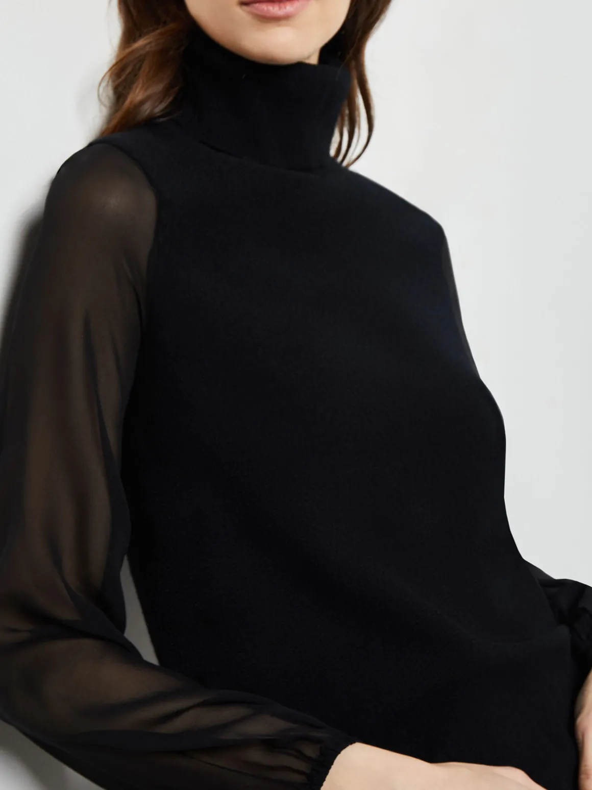 Chiffon Sleeve Cashmere Turtleneck
