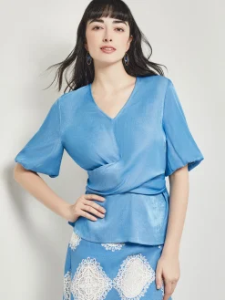 Crossover Peplum Blouse - Puff Sleeve Woven