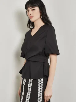 Crossover Peplum Blouse - Puff Sleeve Woven