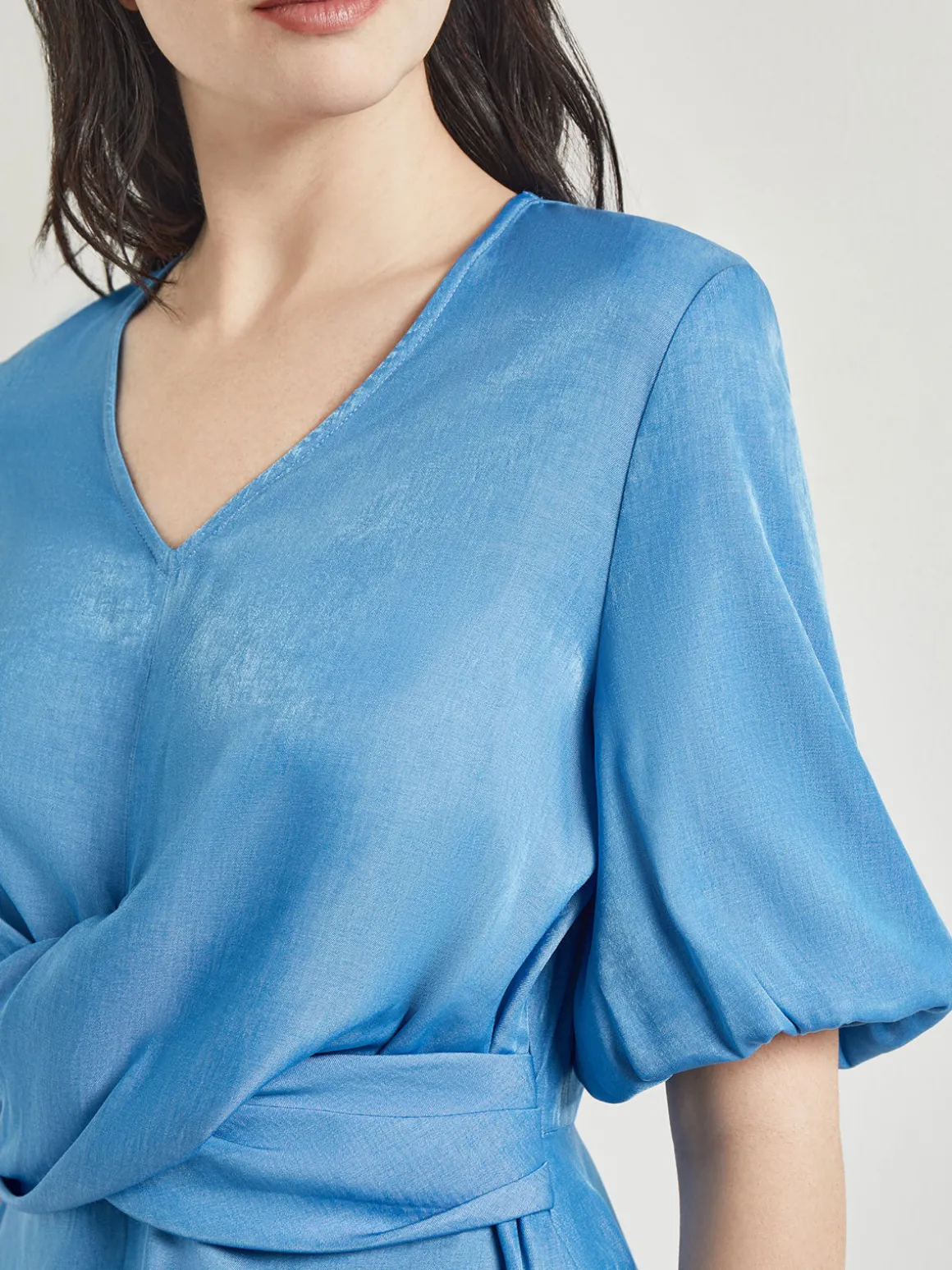 Crossover Peplum Blouse - Puff Sleeve Woven