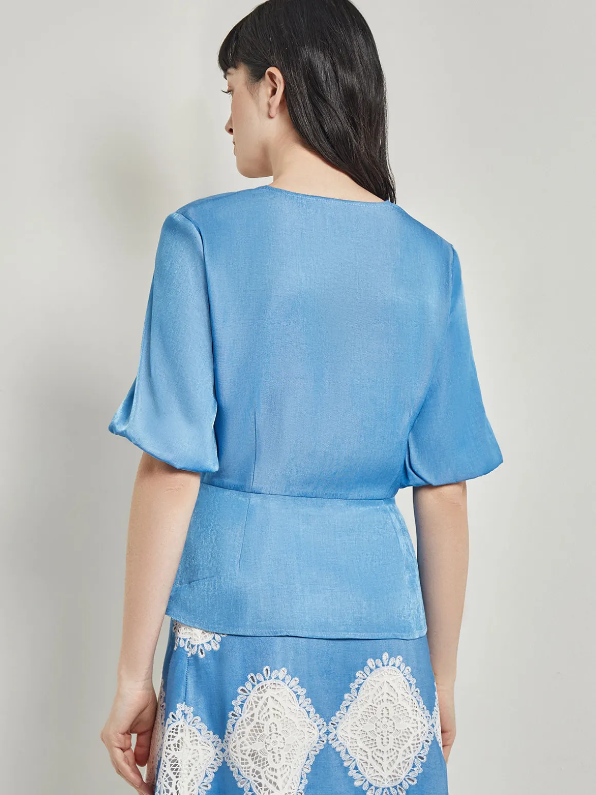 Crossover Peplum Blouse - Puff Sleeve Woven