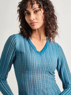 Fit-and-Flare Linear Textured Knit Midi Dress