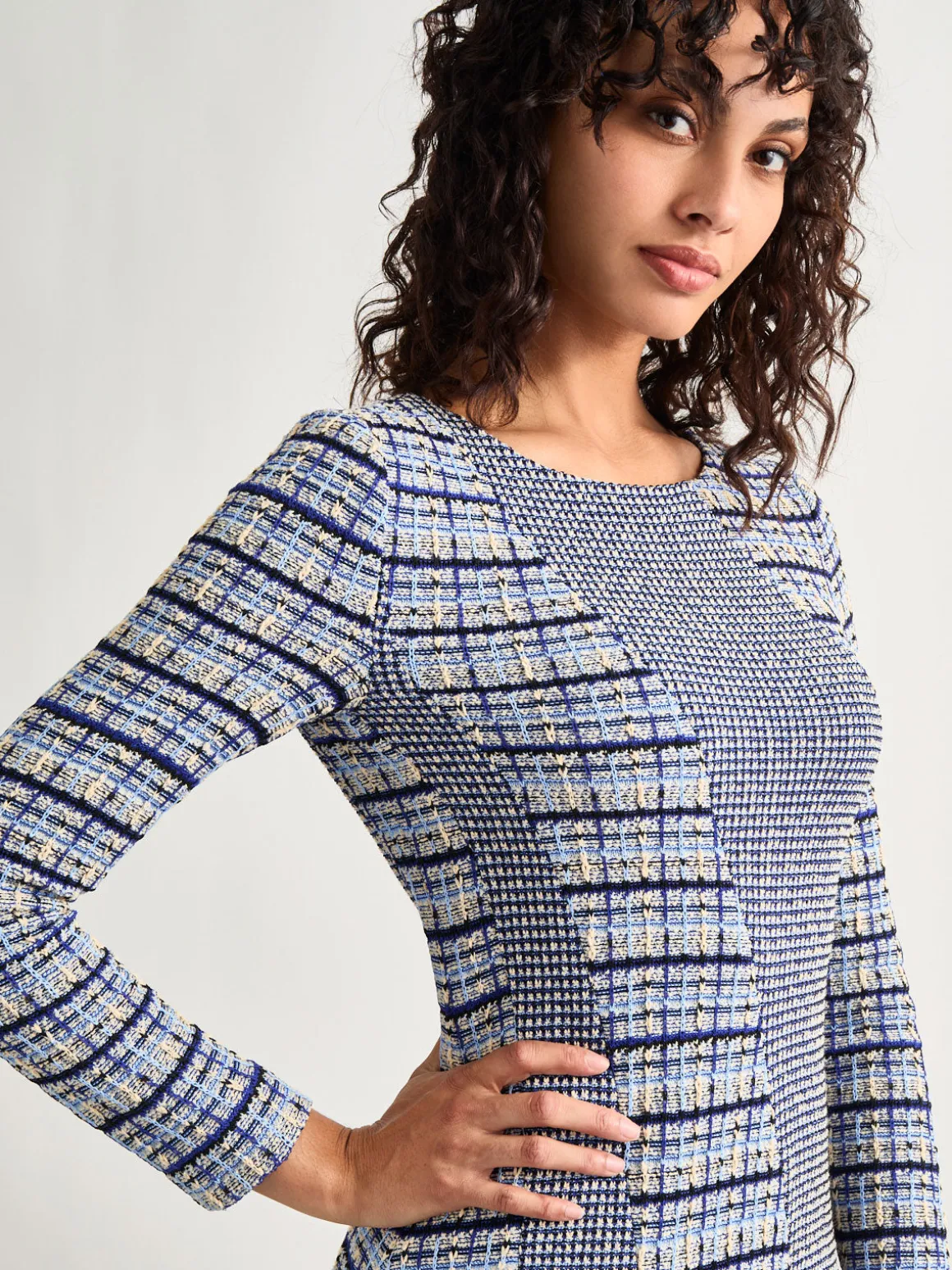 Fit-and-Flare Multi-Stitch Tweed Maxi Dress