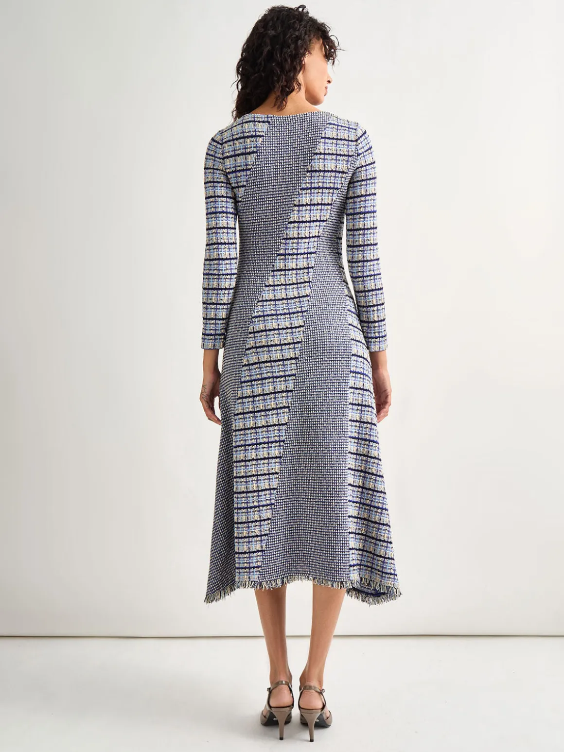 Fit-and-Flare Multi-Stitch Tweed Maxi Dress
