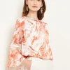 Flounce Sleeve Blouse - Jewel Neck Print Crepe de Chine