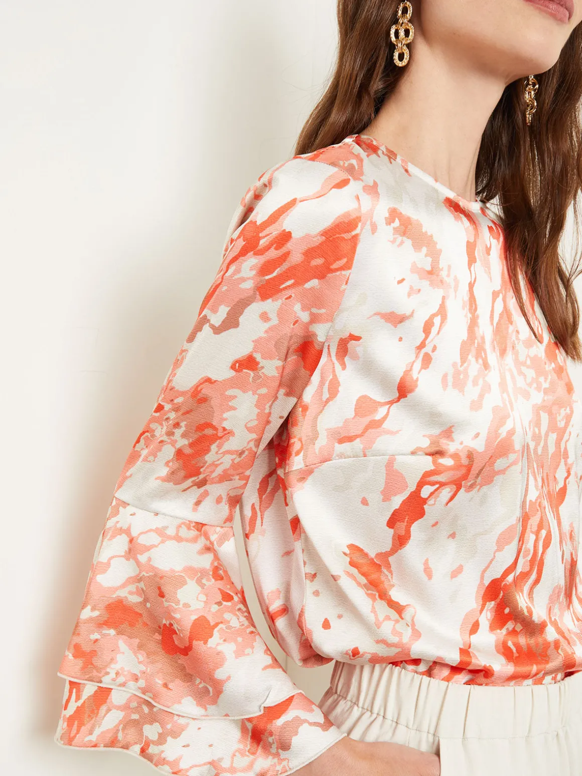 Flounce Sleeve Blouse - Jewel Neck Print Crepe de Chine