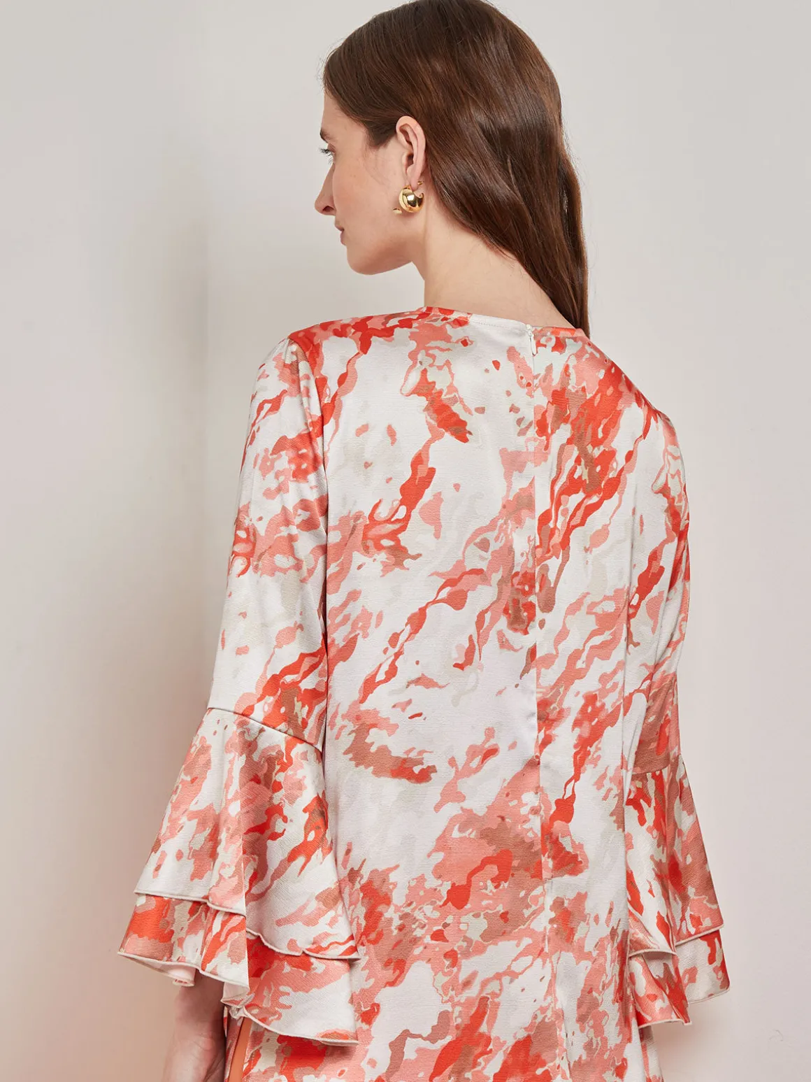 Flounce Sleeve Blouse - Jewel Neck Print Crepe de Chine