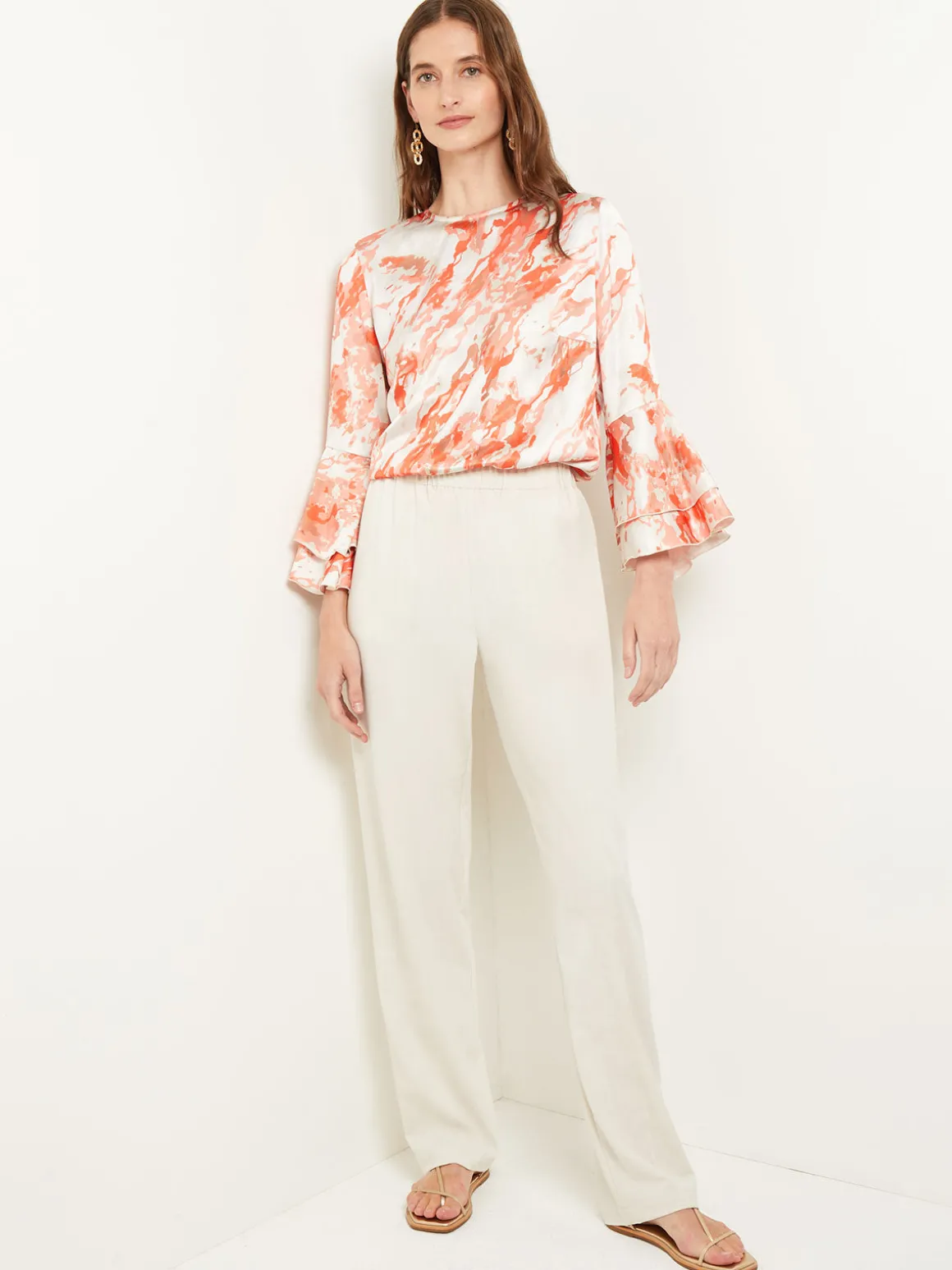 Flounce Sleeve Blouse - Jewel Neck Print Crepe de Chine
