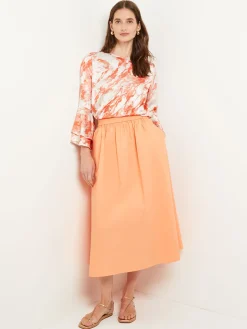 Flounce Sleeve Blouse - Jewel Neck Print Crepe de Chine