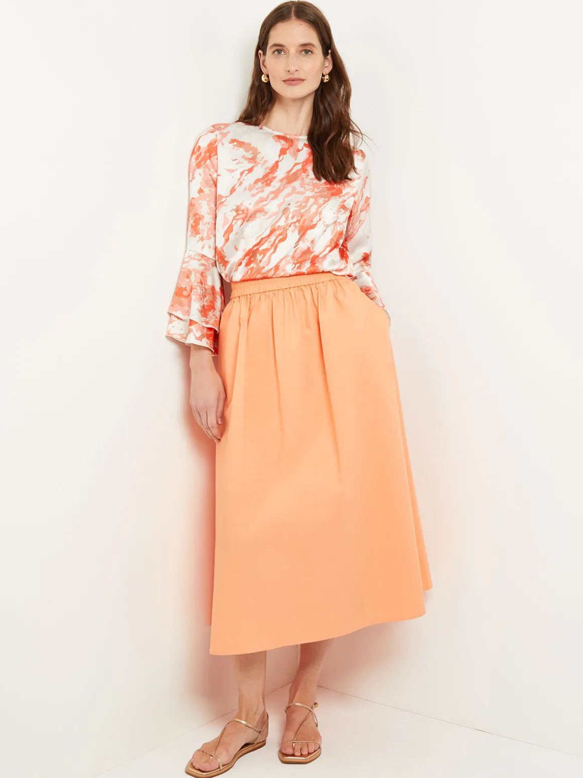 Flounce Sleeve Blouse - Jewel Neck Print Crepe de Chine