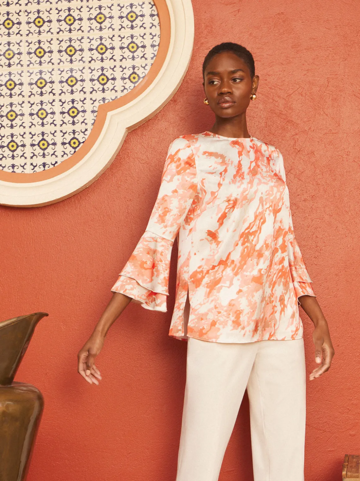 Flounce Sleeve Blouse - Jewel Neck Print Crepe de Chine