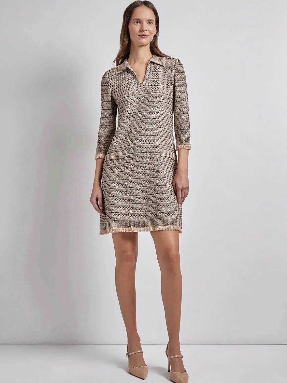 Fringe Trim Intarsia Knit Shift Dress