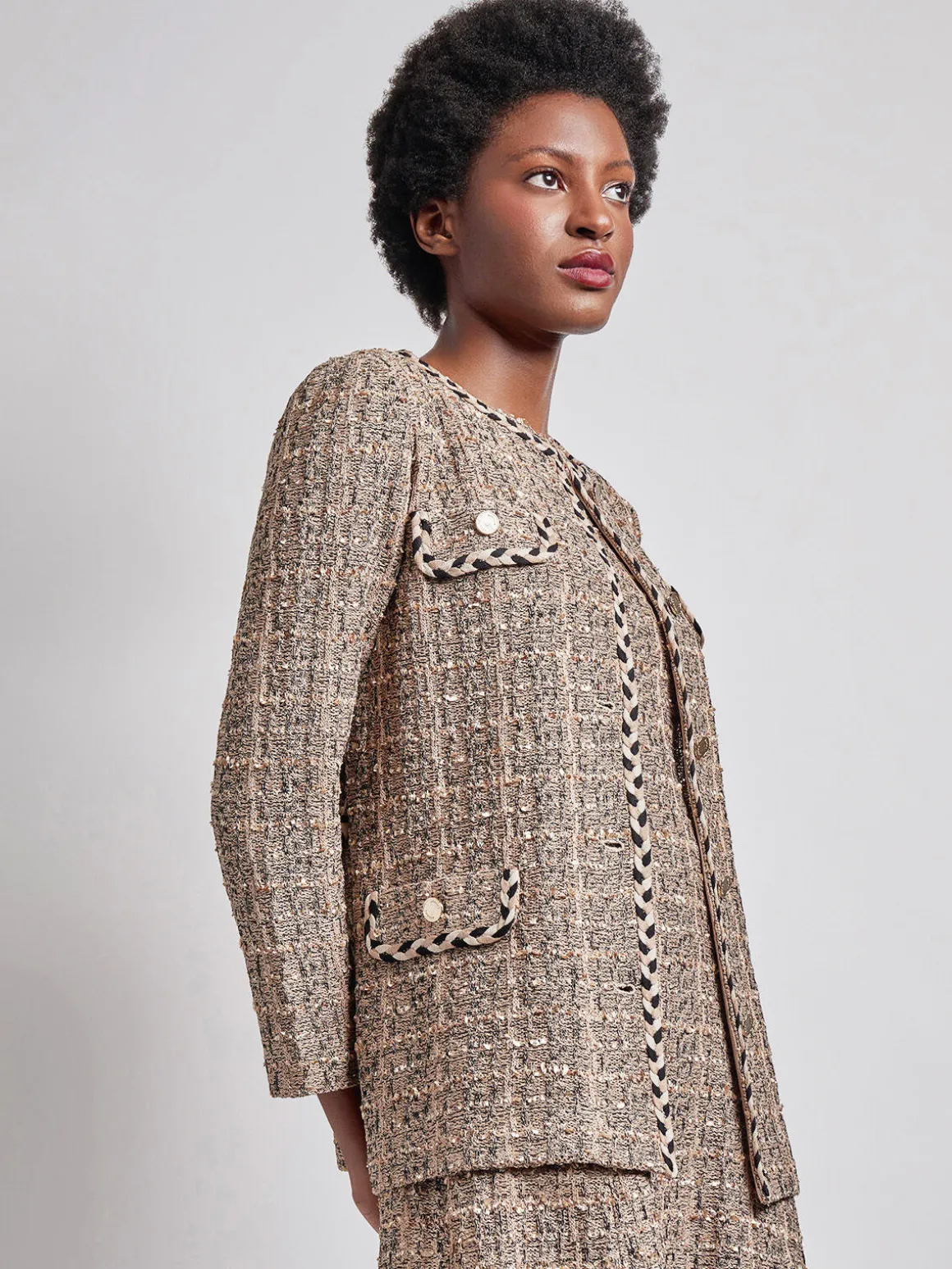 Heritage Fit Braid Trim Tweed Knit Jacket