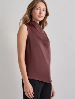 High Neck Draped Crepe de Chine Blouse