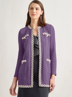 Jewel Neck Contrast Trim Cable Knit Jacket