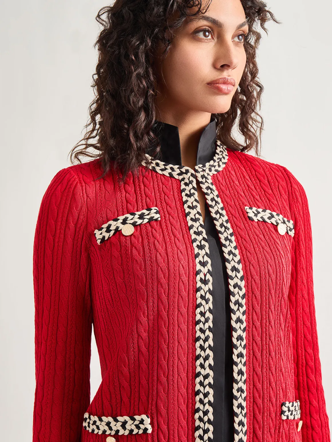 Jewel Neck Contrast Trim Cable Knit Jacket