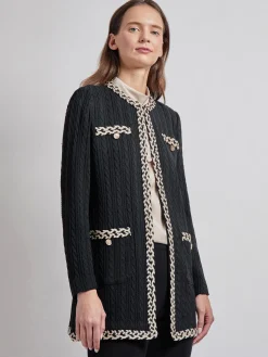 Jewel Neck Contrast Trim Cable Knit Jacket