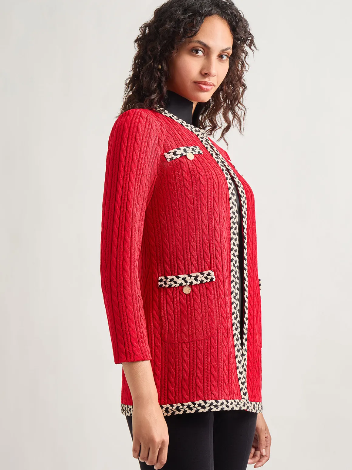Jewel Neck Contrast Trim Cable Knit Jacket