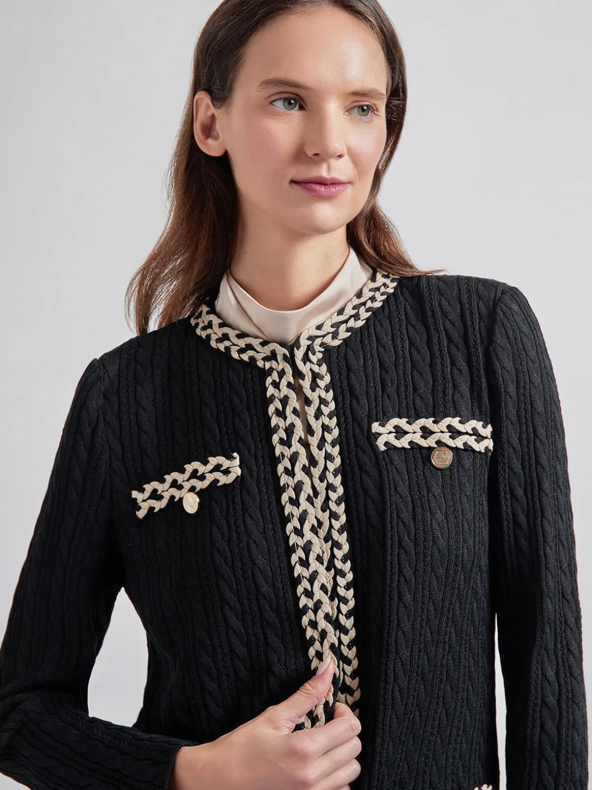 Jewel Neck Contrast Trim Cable Knit Jacket