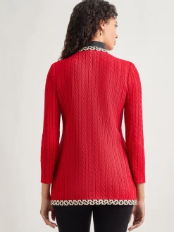 Jewel Neck Contrast Trim Cable Knit Jacket