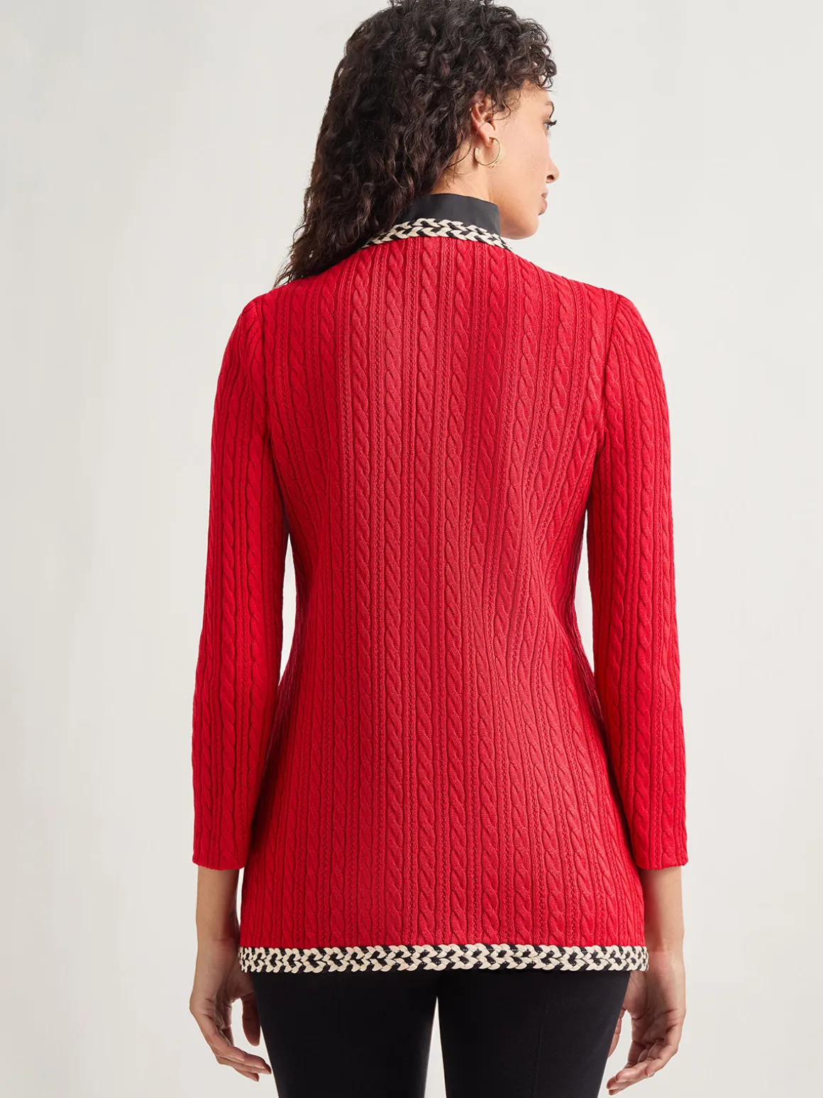 Jewel Neck Contrast Trim Cable Knit Jacket
