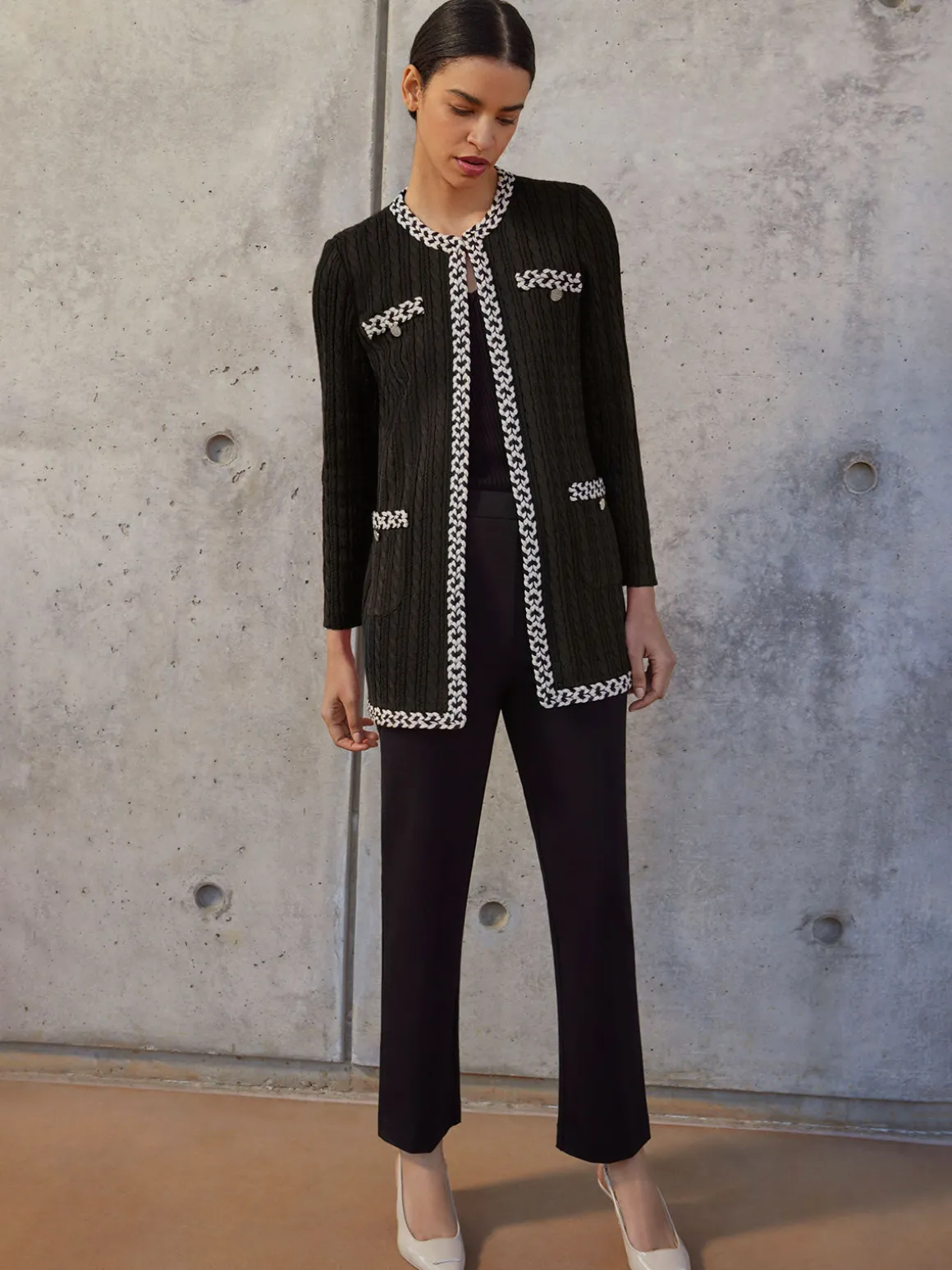 Jewel Neck Contrast Trim Cable Knit Jacket