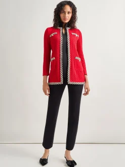 Jewel Neck Contrast Trim Cable Knit Jacket