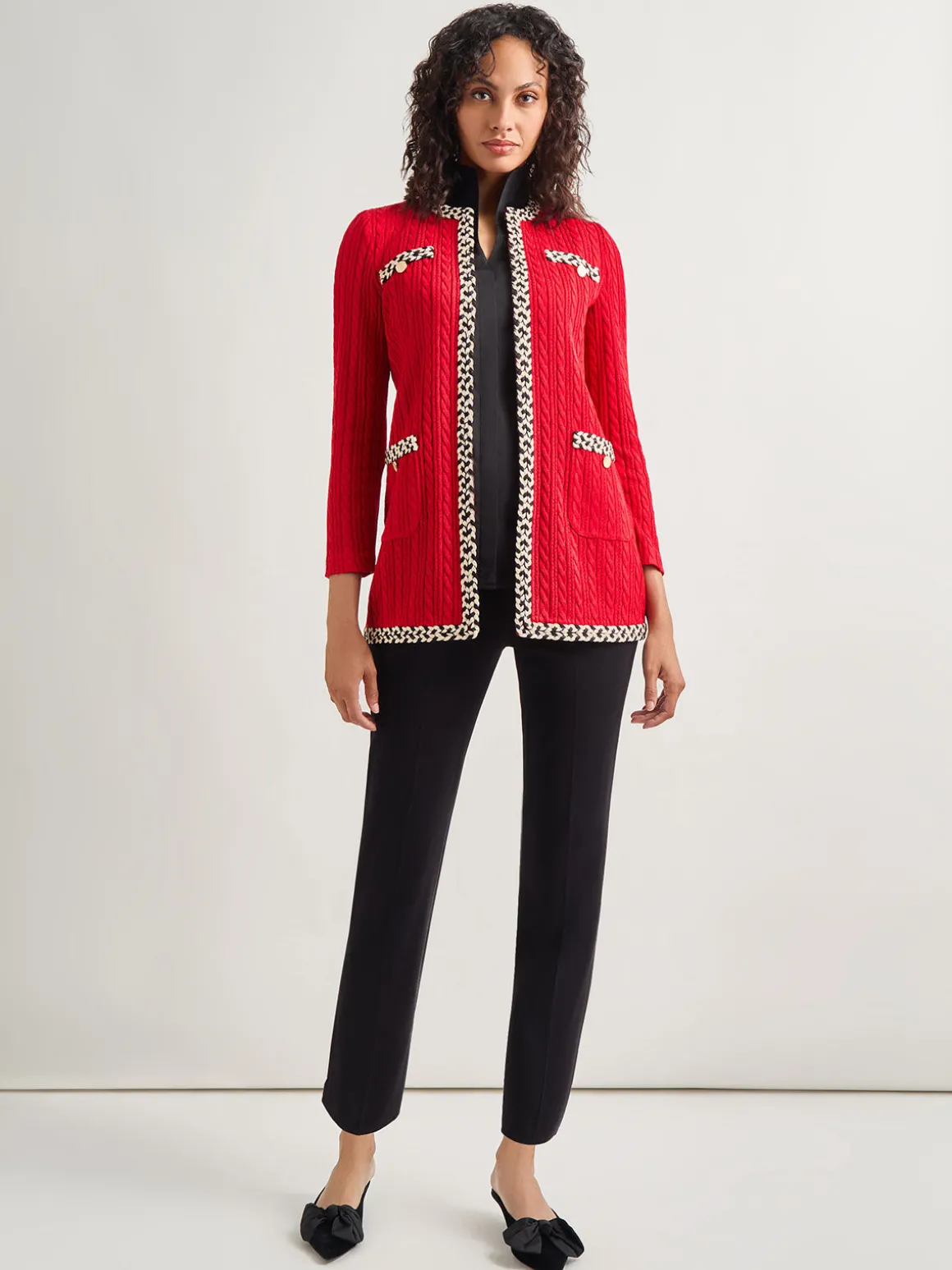 Jewel Neck Contrast Trim Cable Knit Jacket
