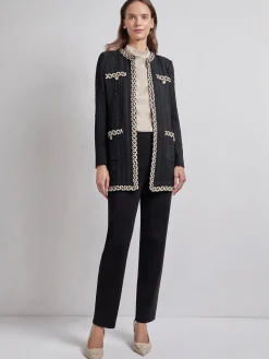 Jewel Neck Contrast Trim Cable Knit Jacket