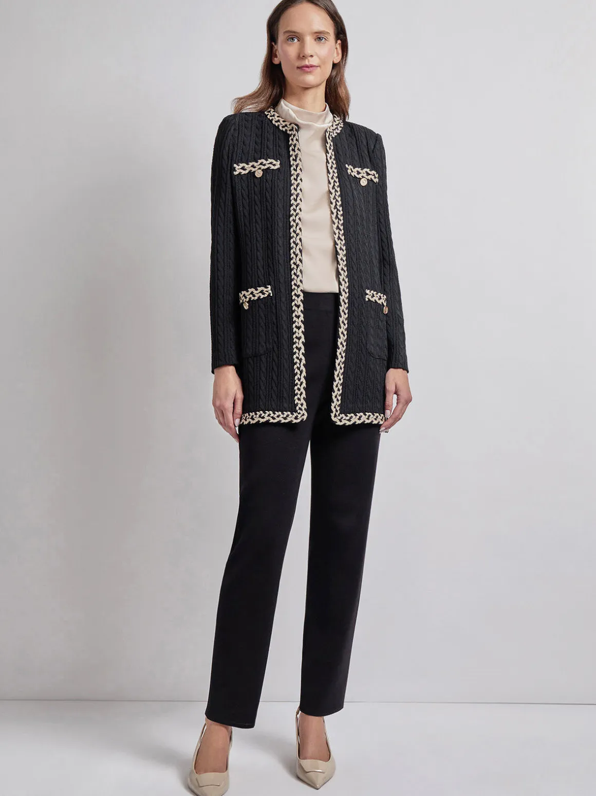 Jewel Neck Contrast Trim Cable Knit Jacket