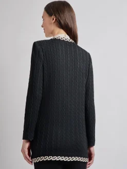 Jewel Neck Contrast Trim Cable Knit Jacket