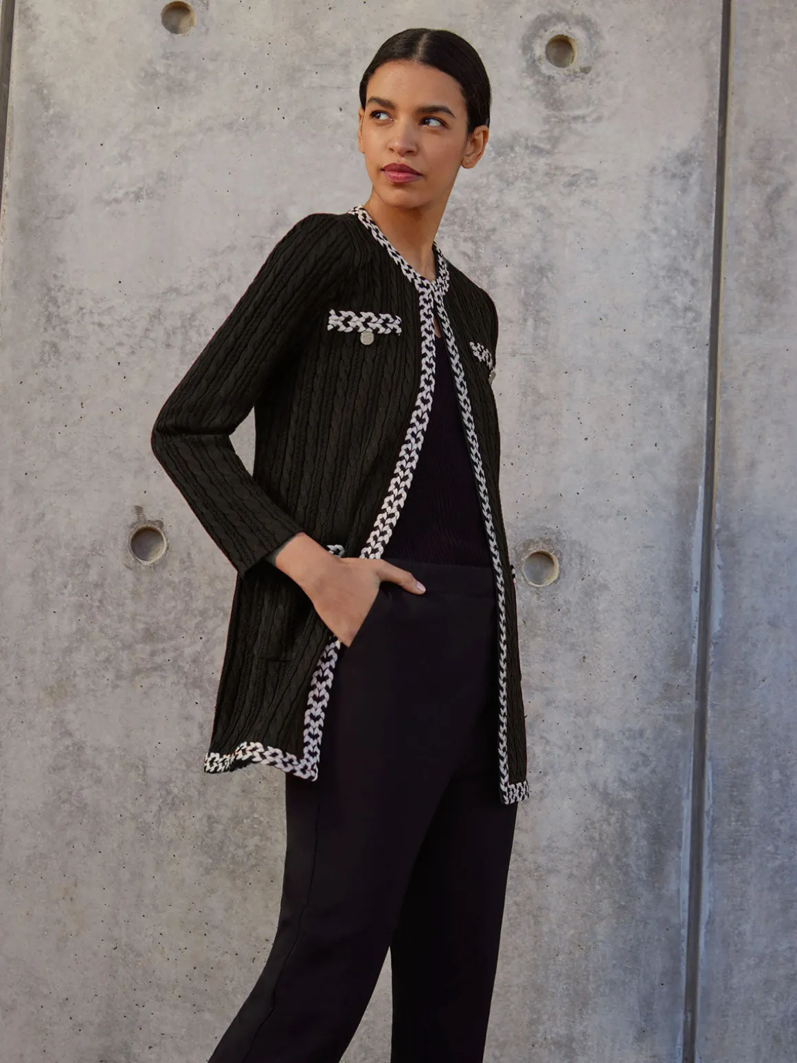 Jewel Neck Contrast Trim Cable Knit Jacket