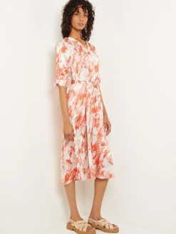 Midi A-Line Dress - V-Neck Print Crepe de Chine