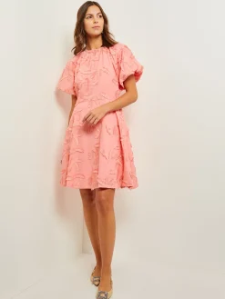 Mini Fit & Flare Dress - Puff Sleeve Fringe Applique Cotton