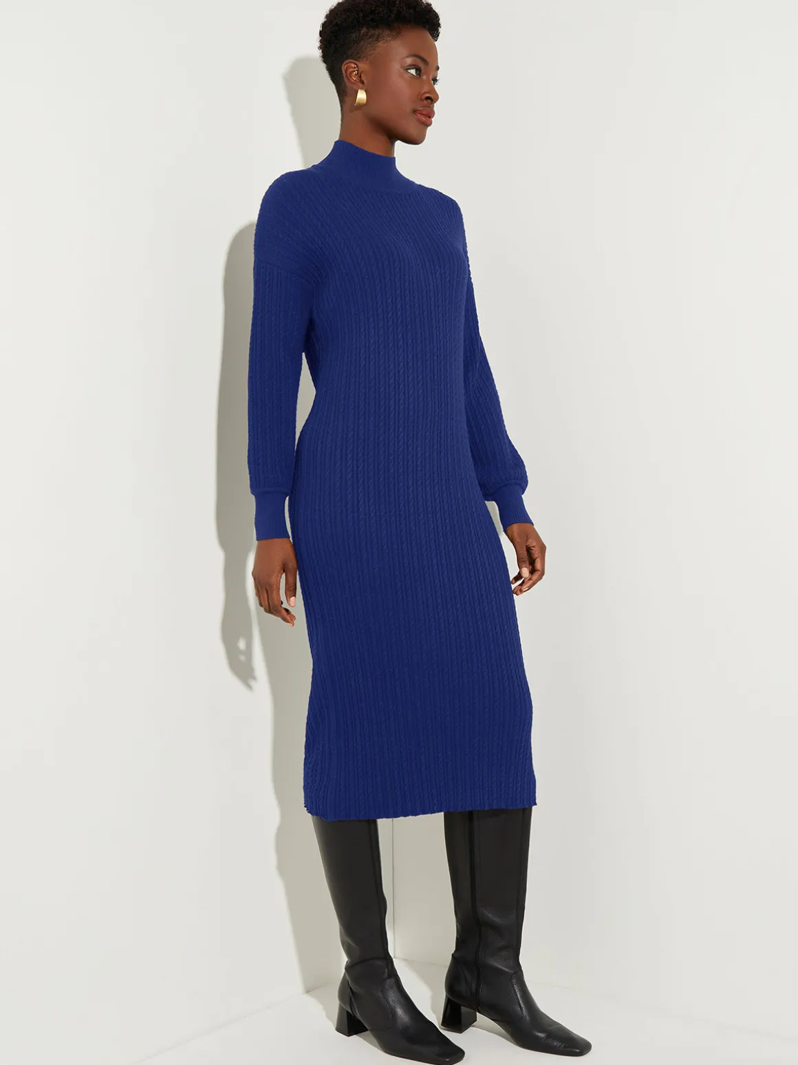 Mock Neck Soft Cable Knit Sweater Dress