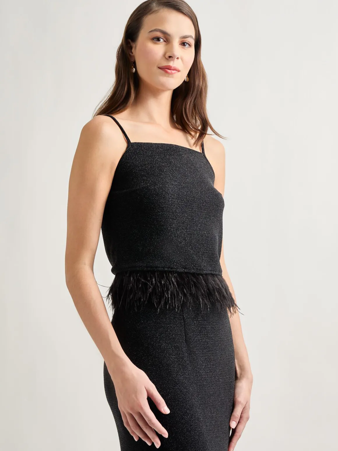 Modern Fit Ostrich Feather Trim Stretch Woven Tank